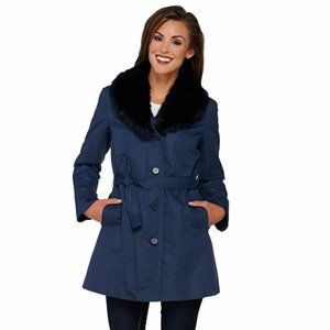 Dennis Basso Coat Removable Faux Fur Collar Belted